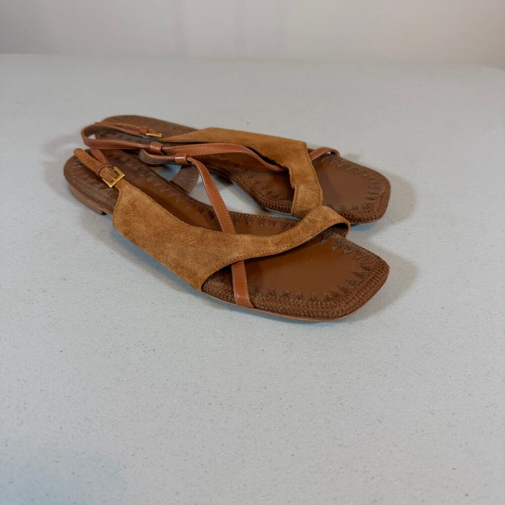 Reformation Marion Flat Sandal Womens 8 Brown Rum Suede Leather Square Toe